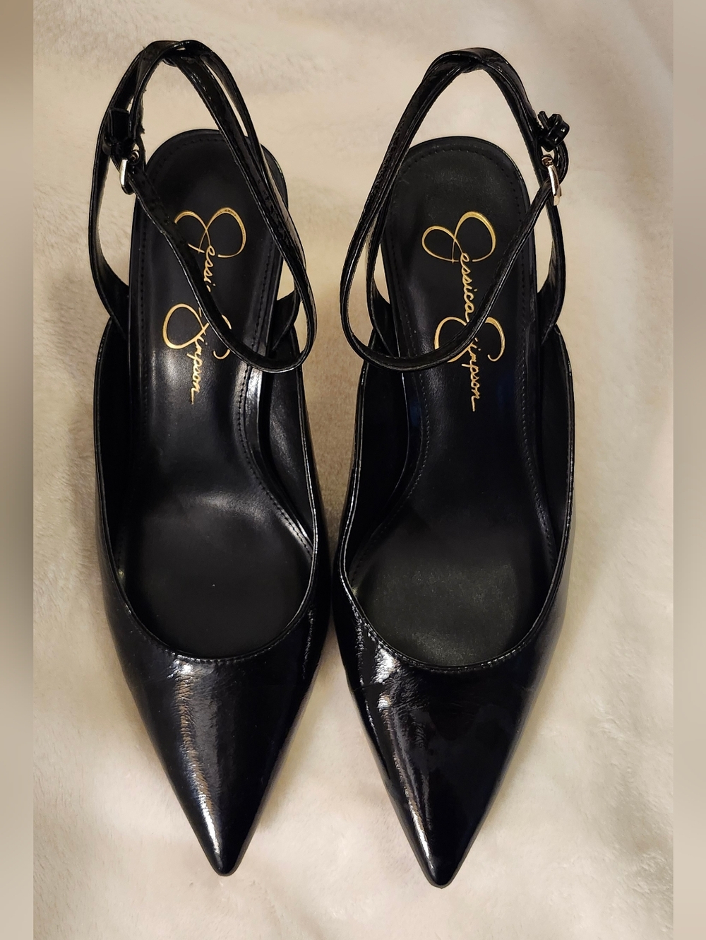 Jessica Simpson Black Patent Pointed-Toe Ankle Strap Heels - Picture 2 of 4